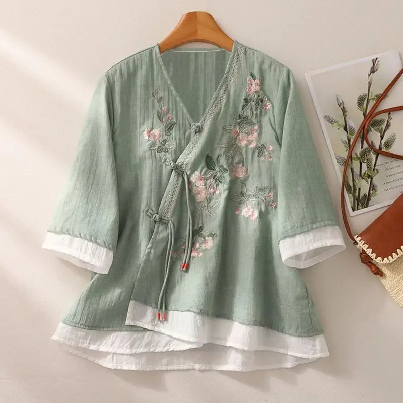 Summer Mid-sleeve Embroidered Slanted Collar Cardigan Shirt for Women Vintage Chinese Retro Spliced Pure Cotton Fake Two-piece