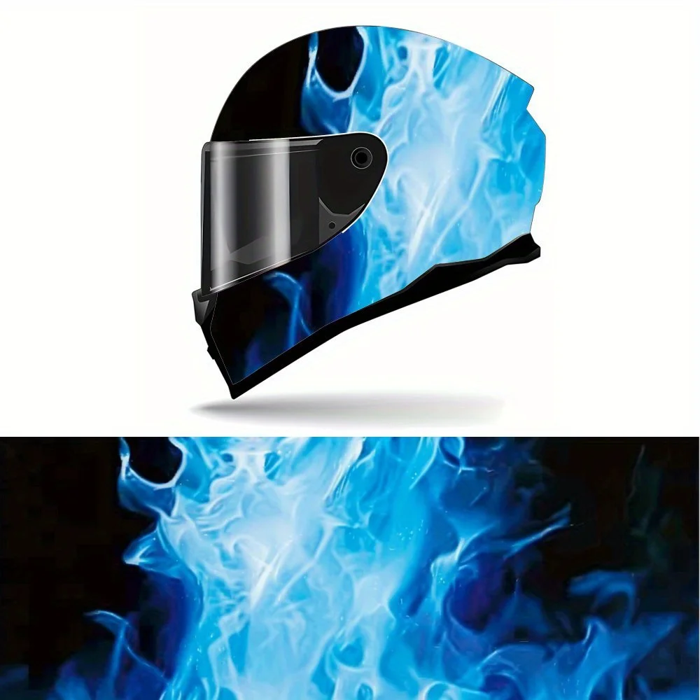 

Cool Blue Flame Motorcycle Full Face Helmet Sticker - Durable PVC Art Style Motorcycle Racing Helmet Decorative Sticker, Self-Ad