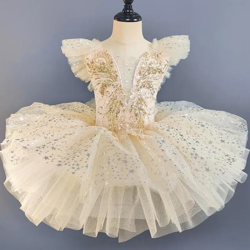 

Beige Sequined Ballet Dress For Girls Kids Romantic Tutu Performance Clothing Ballerina Dress Contemporary Dance Costumes