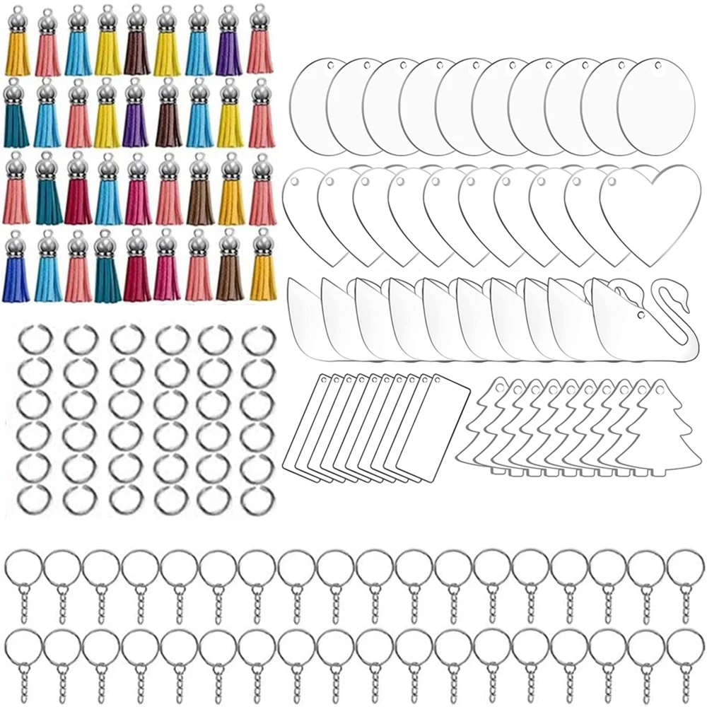 200PCS 5 Shapes Acrylic Keychain Blanks with Leather Tassel Charms Key Chains Jump Ring for DIY Craft Ornament Engrave Painting