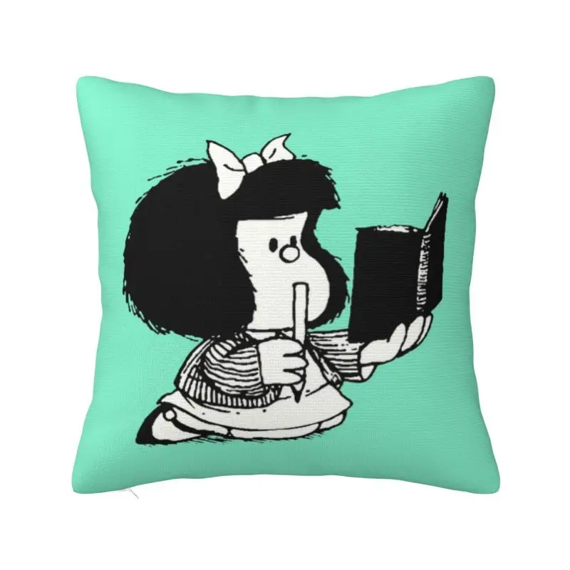 Nordic Mafalda Reading Her Book Cushion Cover Soft Kawaii Cartoon Manga Throw Pillow Case Bedroom Decoration