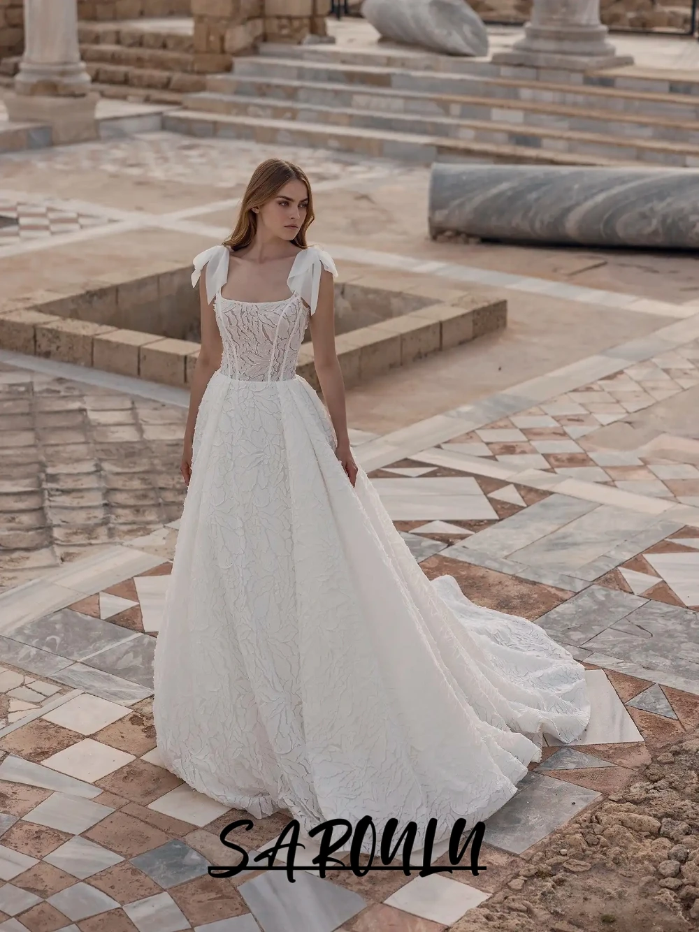 

Bohemian Wedding Dress, Square Neck, Bow Straps, Backless, Textured A-Line Skirt, Customized, Romantic Bride Wear, Plus Size