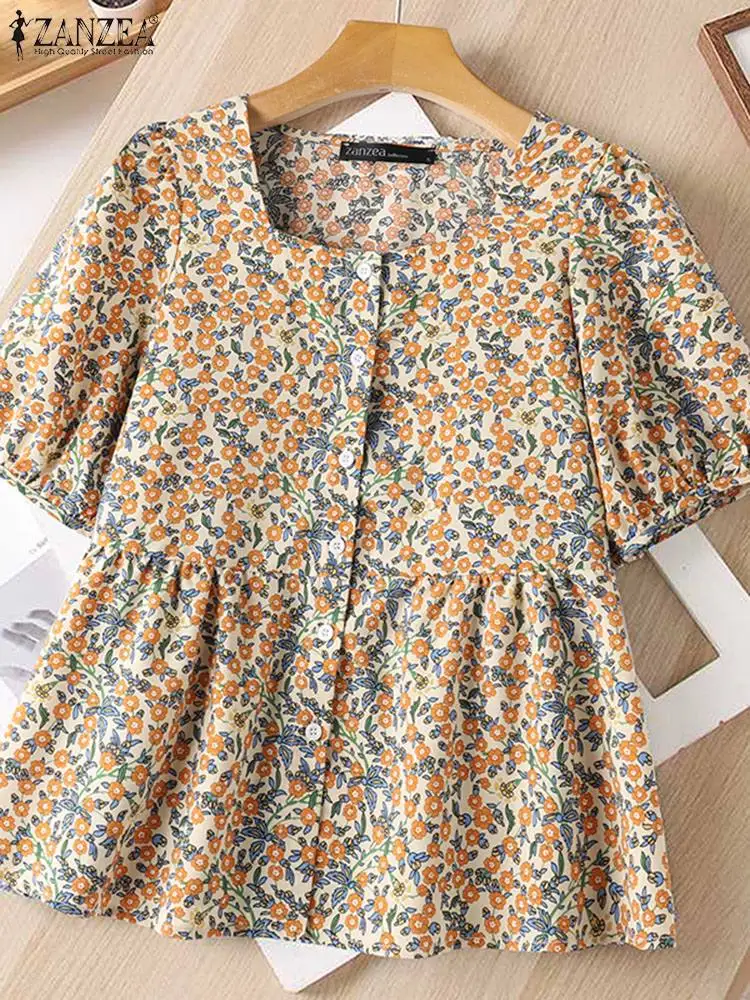 ZANZEA Sweety Tops Fashion Women Bohemian Blouse 2024 Summer Square Collar Floral Printed Shirts Holiday Pleating Office Tunics