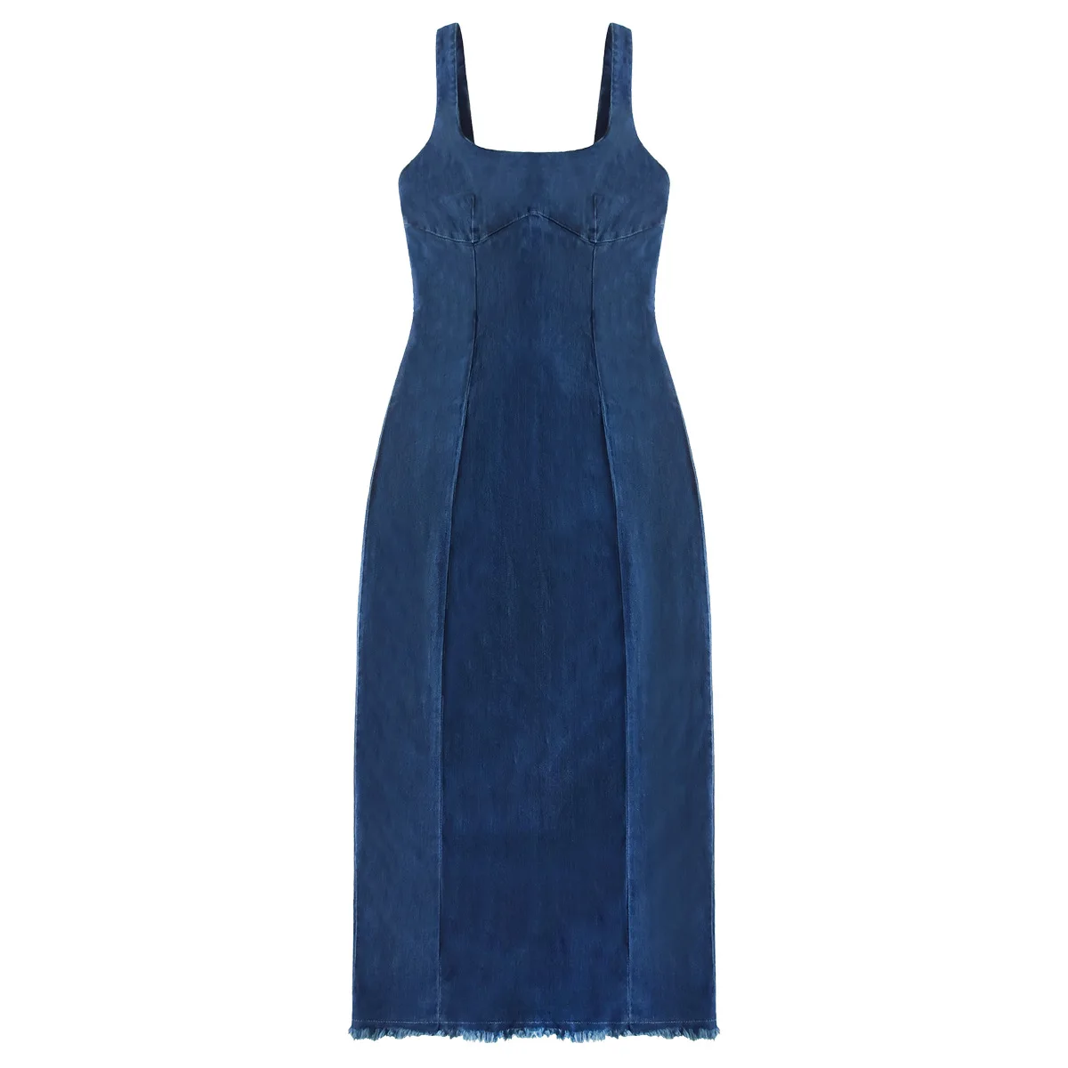 เดรสยีนส์ทรงเข้ารูปสำหรับผู้หญิง สไตล์เซ็กซี่สำหรับฤดูร้อน สีน้ำเงิน ผ้าเดนิมยืด แขนกุด ความยาวปานกลาง เอวยางยืดสูง