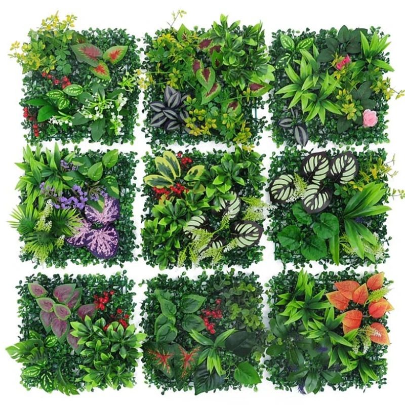 Green Artificial Plants Wall Decoration, DIY Background Decoration, Simulation Grass Leaf  Outdoor Garden Decor 25x25cm