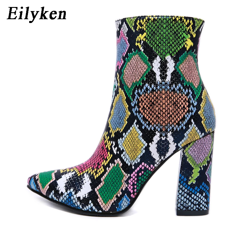 Eilyken stivaletti da donna Fashion Green Snake Grain Booties inverno femminile punta a punta tacchi alti stivali da donna con cerniera scarpe