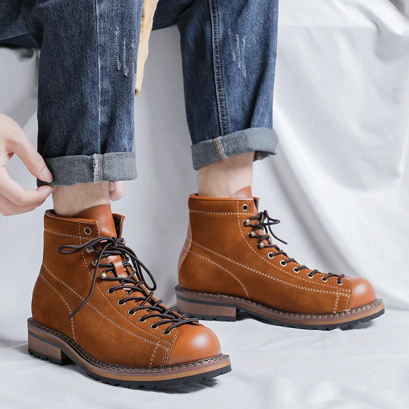 Hiking Shoes Men's Walking Boots British Thick Soled Cowhide High Top Motorcycle Boots Ankle Sneakers Casual Trekking Shoe 38-44 view 3