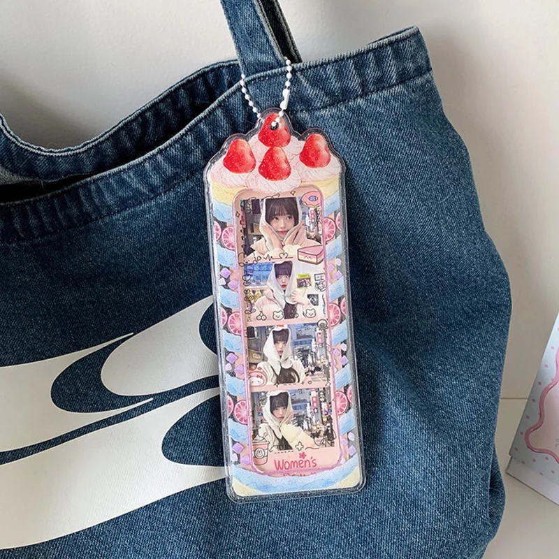 Cute Cartoon Strawberry Cake 4 Grid Card Holder Keychain Kpop Idol Photocard Storage Bag Bag Pendant Decoration For Girls