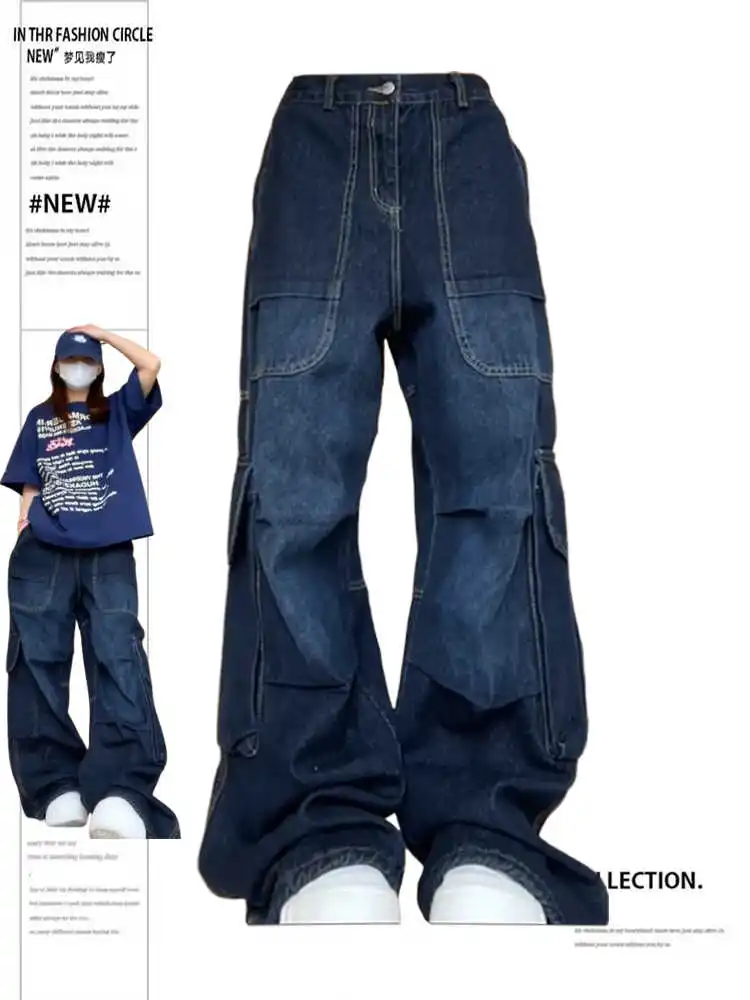 レディースジーンズ バギーワイドフィット ブルーデニム カーゴパンツ Y2K アメリカンレトロ ヒップホップ 原宿系 カウボーイ グランジ ハイストリートシック ニューパンク
