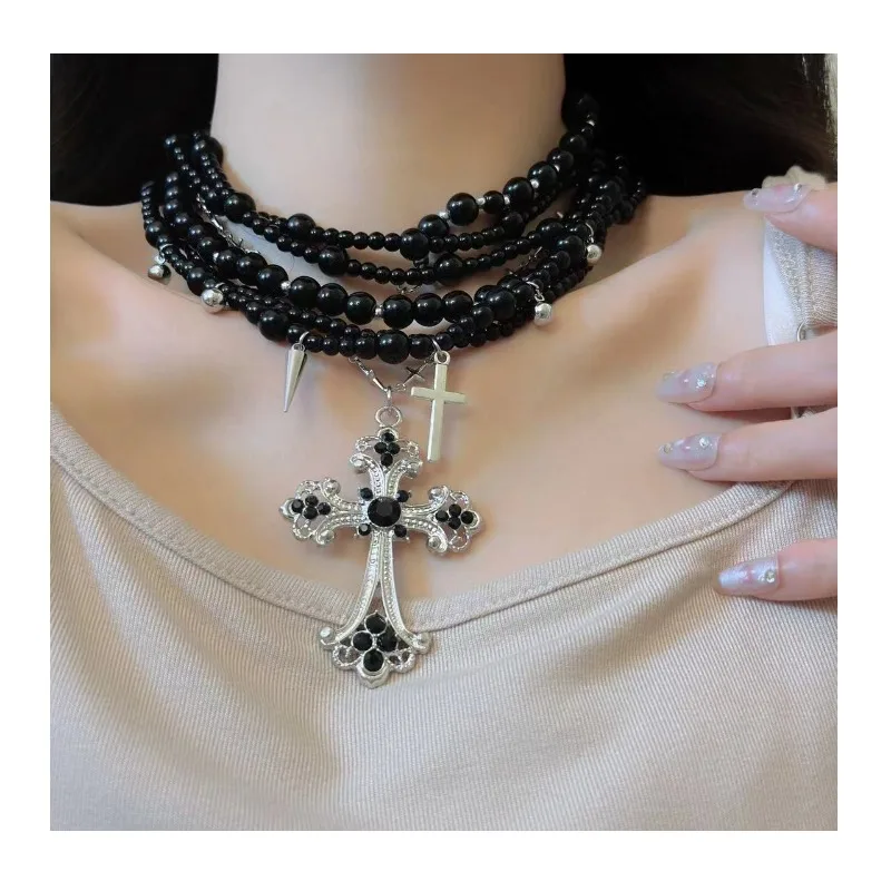 

Black Pearl Beaded Necklace Heavy Industry Multilayer Sweater Chain Diamond Cross Flower Stacked Neck Chain Women