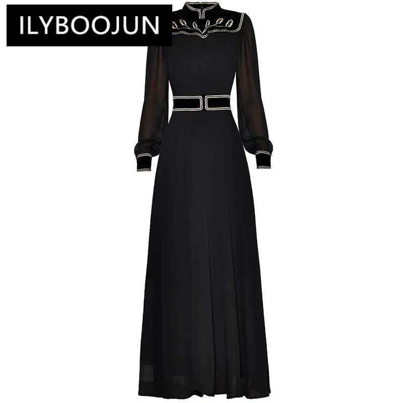 

ILYBOOJUN Fashion Women's Stand Collar Gold Thread Positioning Embroidery Lantern Sleeve Flowing Big Swing Vintage Long Dress