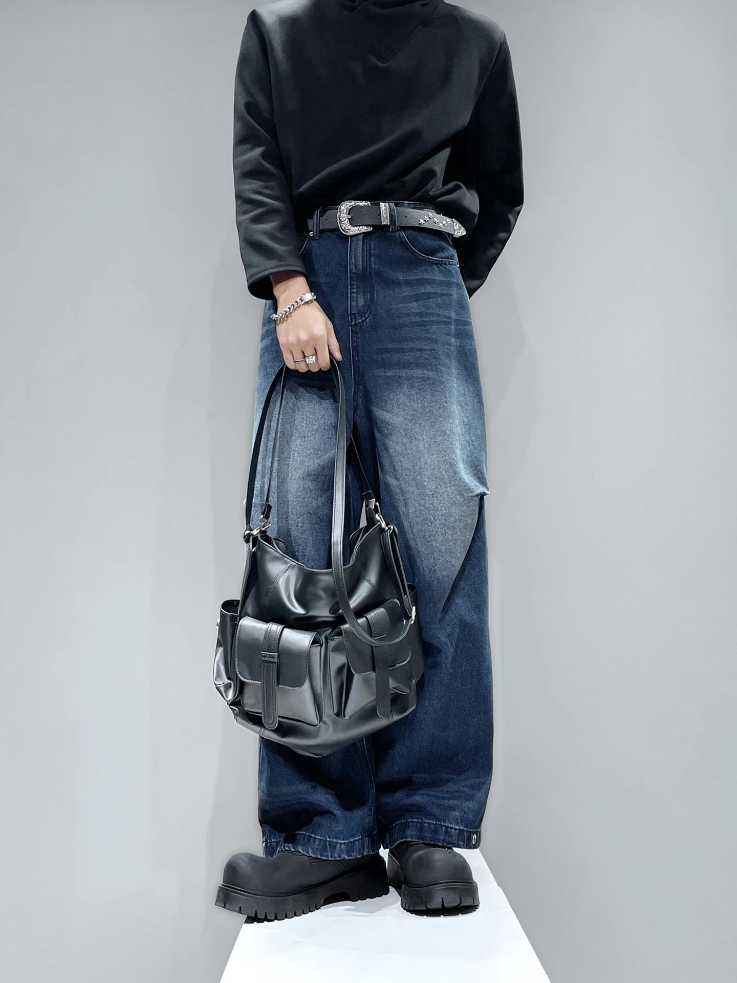 

Оригинальные винтажные мужские джинсы свободного прямого кроя с отворотами, широкие брюки в пол, молодежные повседневные свободные брюки