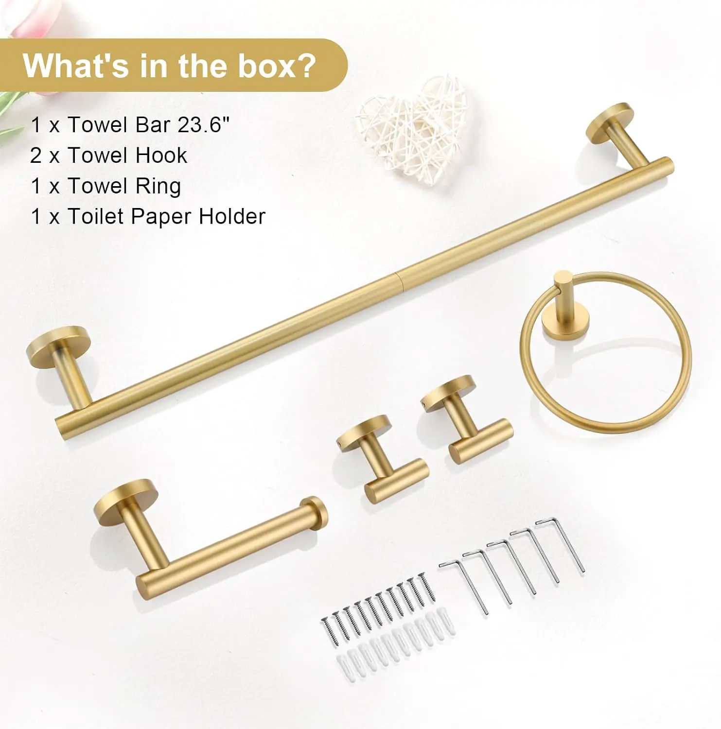5 Piece Bathroom Accessories Set Brushed Gold Bathroom Hardware Set 23.6 Inch Bath Towel Bar Set SUS304 Stainless Steel Towel Ra