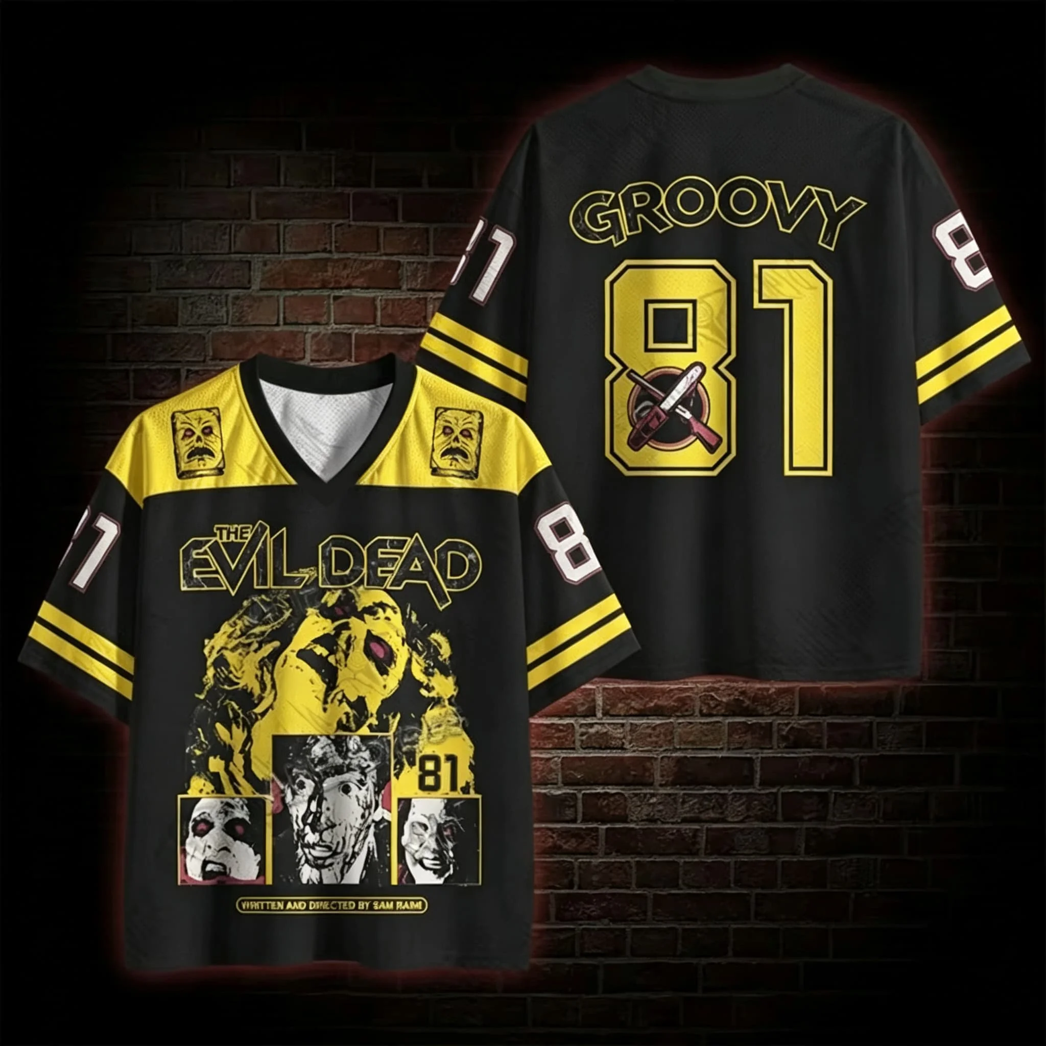 Evil Dead Groovy Zombie Yellow Black Mesh Jersey Women's Tshirt Kids Tshirt  Top Vneck Short Sleeve Quick drying Men's  T Shirt