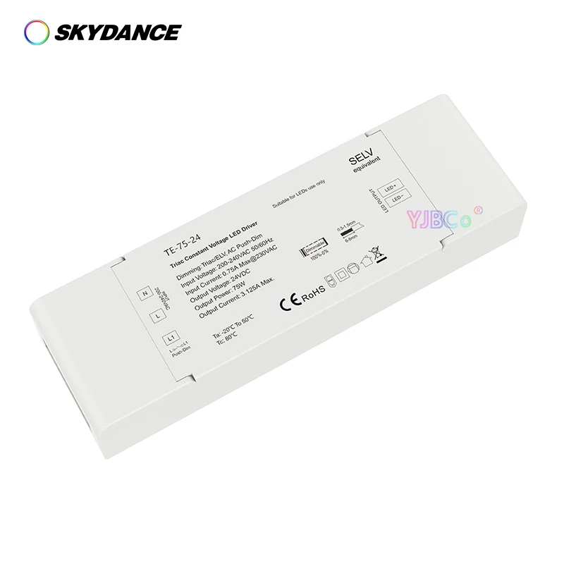 Skydance-controlador LED regulable Triac, tira de LED de un solo color, fuente de alimentación de interfaz de atenuación Push-Dim, 40W, 75W, 12V,