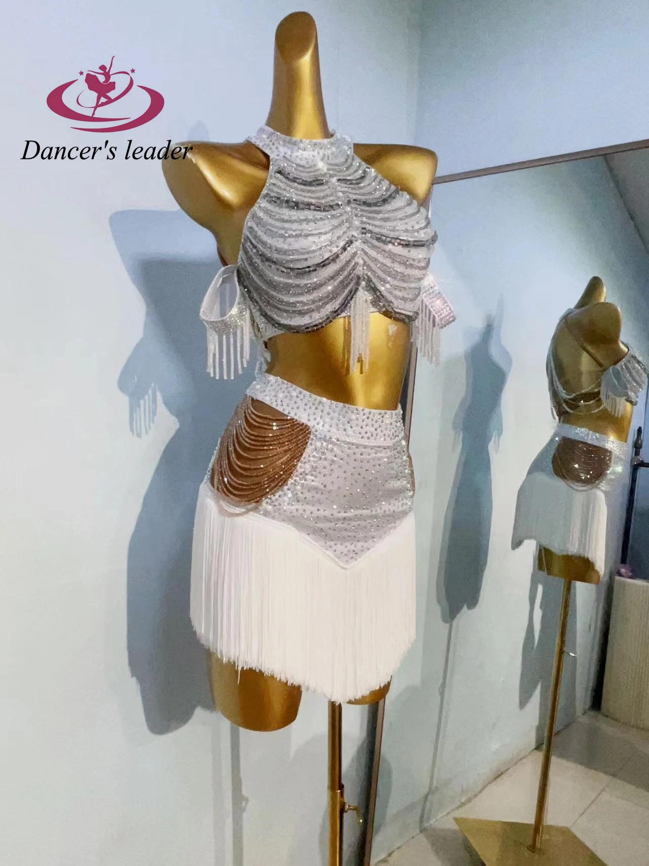 زي الرقص اللاتيني حجر الراين المرأة الراقية مخصص كريستال مطرز الصدرية سبليت أداء السامبا فستان فلاش عالي