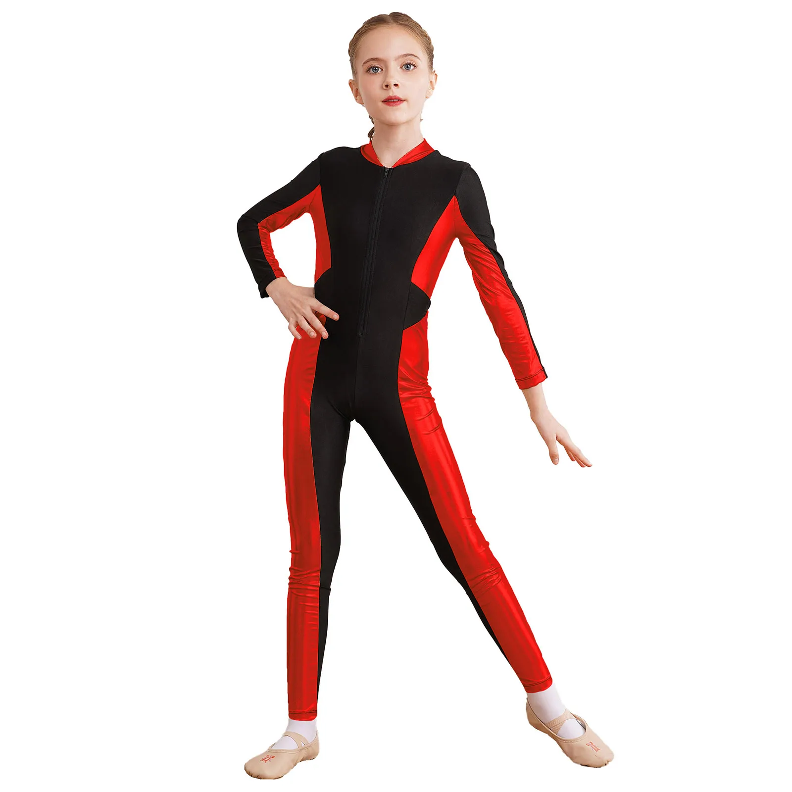 Kids Girls Zipper Gymnastics Jumpsuit Metallic Patchwork Dancewear Long Sleeve Unitard for Figure Skating Acrobatics Bodysuit