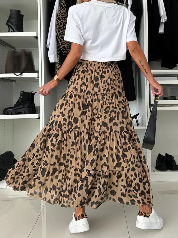 Leopard Print Elegant Female Maxi Skirts, Women Spring Ruffles Patchwork Loungewear Skirts, Elastic Waist Sweet Ladies Skirts