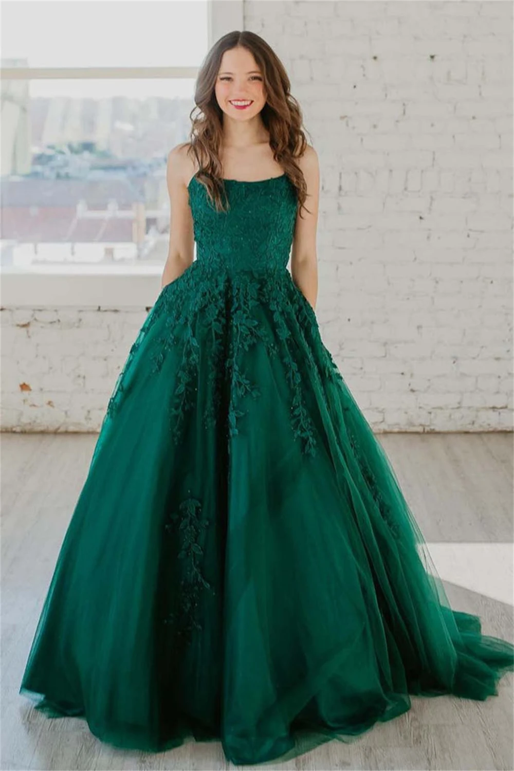 Spaghetti Strap Strapless Tulle Prom Dresses Lace Appliques Backless Lace-up Formal Evening Sleeveless Long Floor-length Gowns