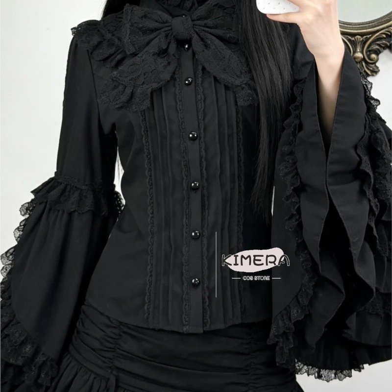 

Kimera Store Jirai kei Subculture Plus Size Stand Collar White Lace Princess Sleeve Lolita Blouse Vintage Lolita Base Top