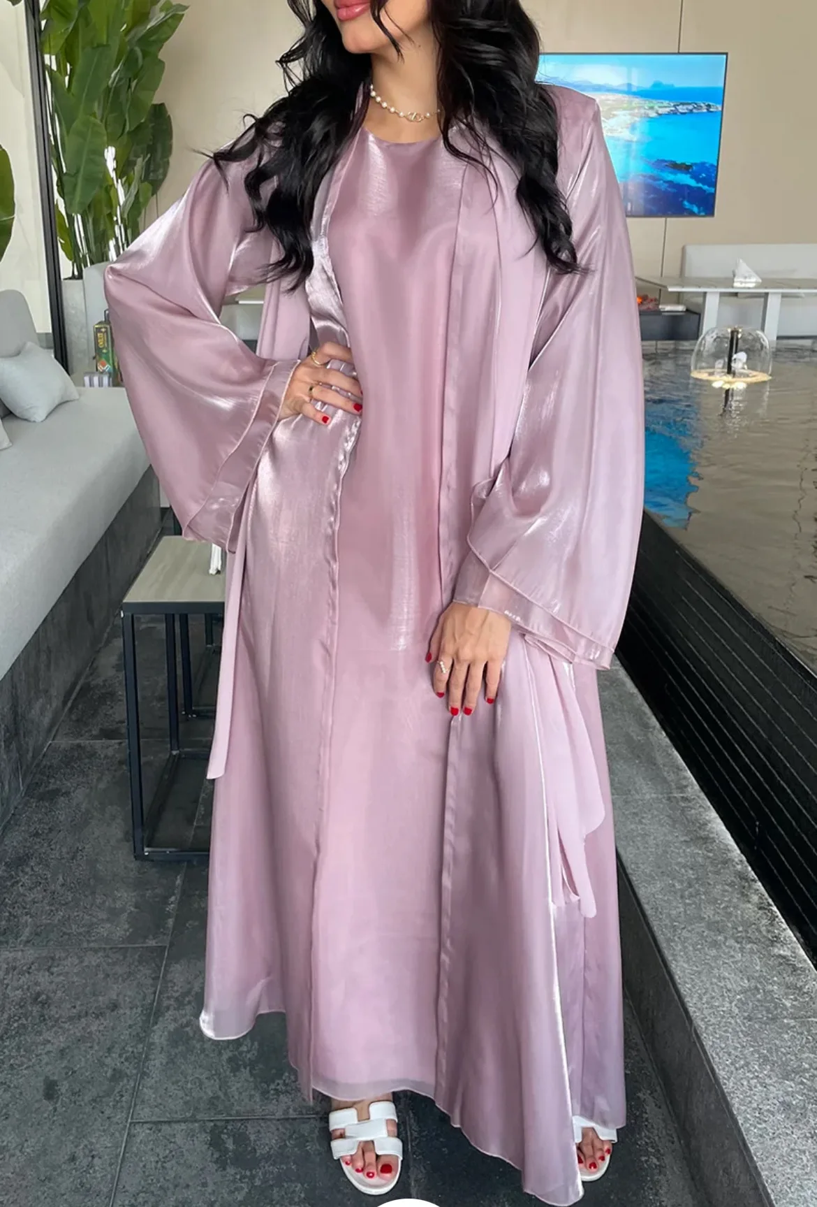 Eid Dubai Luksusowe błyszczące satynowe otwarte kimono Abaya 2-częściowy zestaw muzułmańskich skromnych sukienek Kaftan Islam Odzież dla kobiet Robe Femme Gown