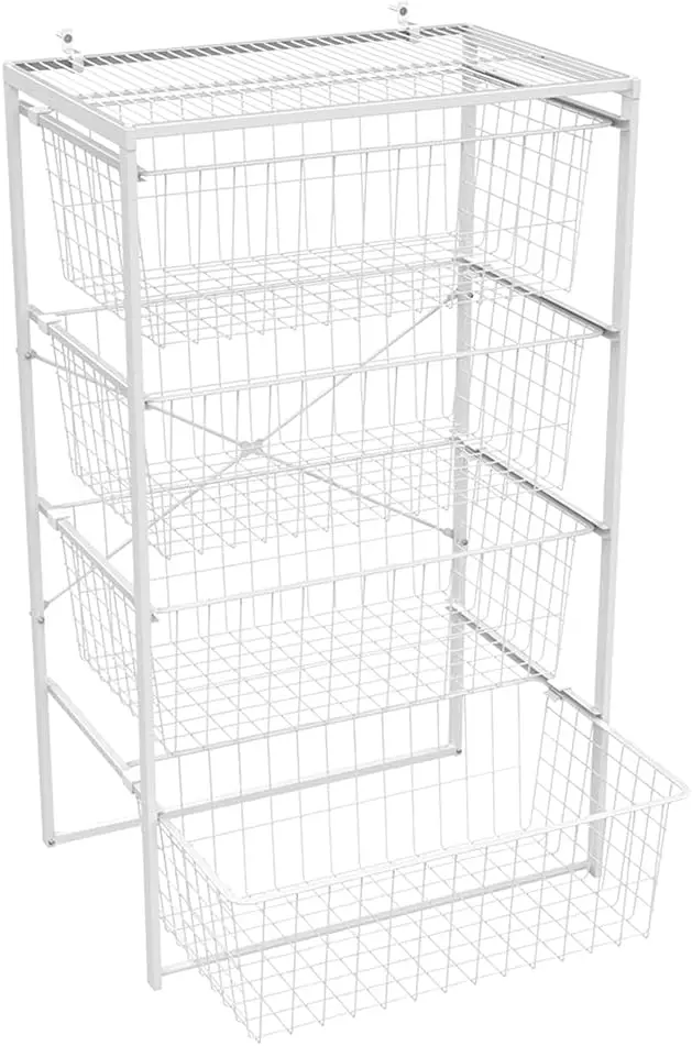 

Wire Basket 4 Drawer Organizer Unit with Shelf for Pantry, Closet, Clothes, Linens, Sturdy Steel, Easy Assembly, White