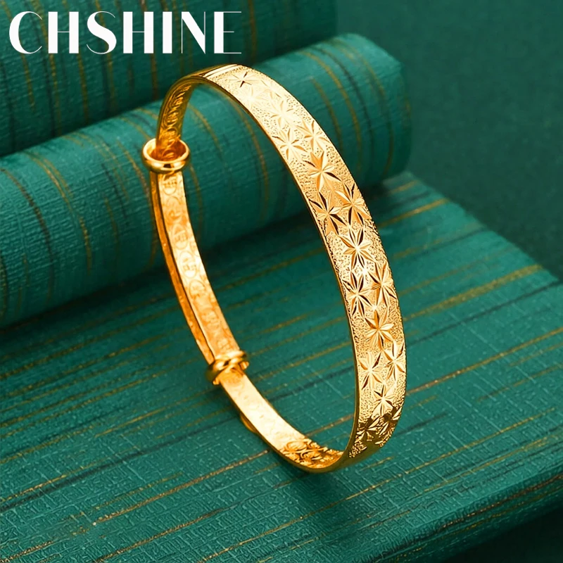 925 Sterling Silver 18K Gold Star Engraved Adjustable Bangle for Women Fashion Wedding Party Jewelry