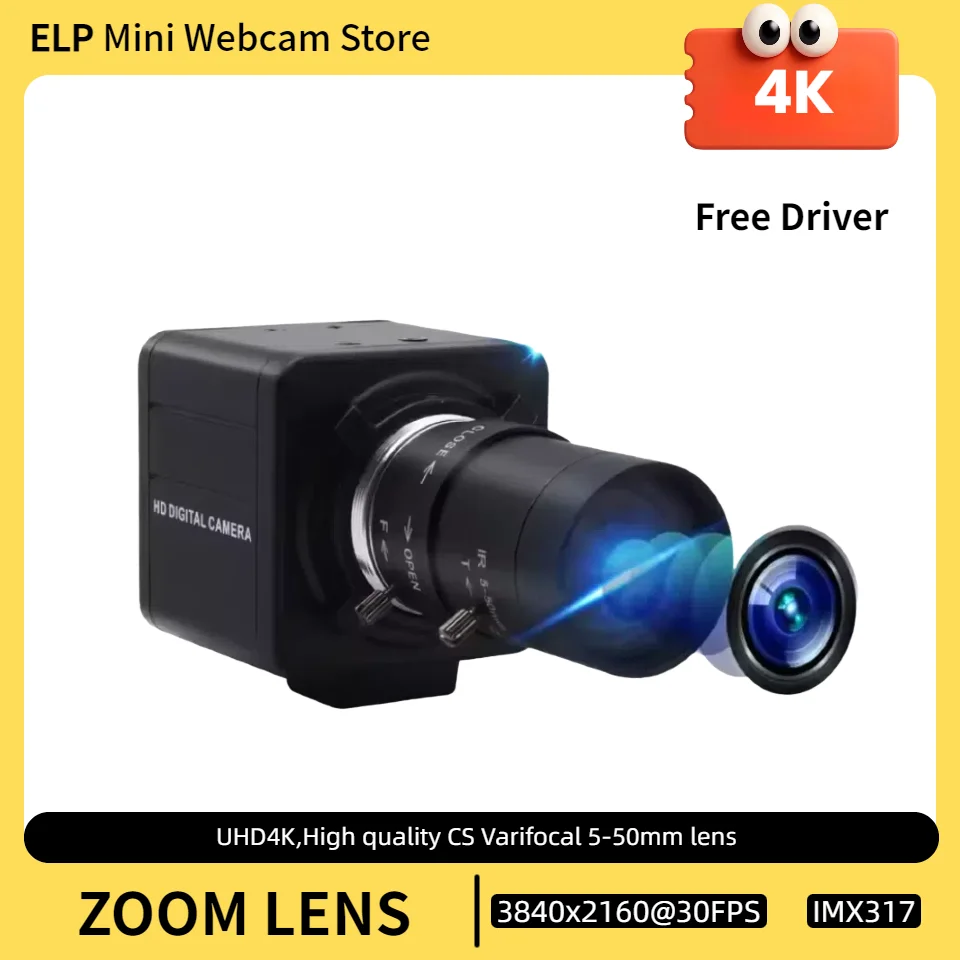 ELP 4K USB Camera 30fps 3840x2160 Sony IMX317 Sensor Manual Focus Webcam with Zoom 5-50mm 10X Optical Zoom Lens for PC Meeting