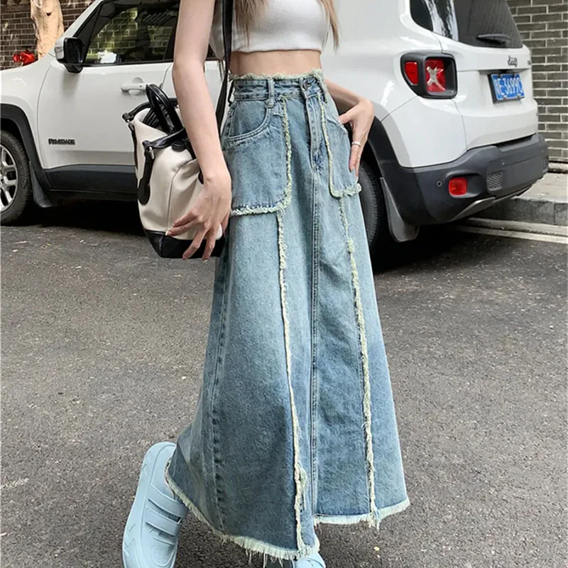 

Women's Casual Denim Long Skirts, Raw Edge Stitching, Loose High Waist, A-line, Blue, 5XL, New, Spring, Autumn