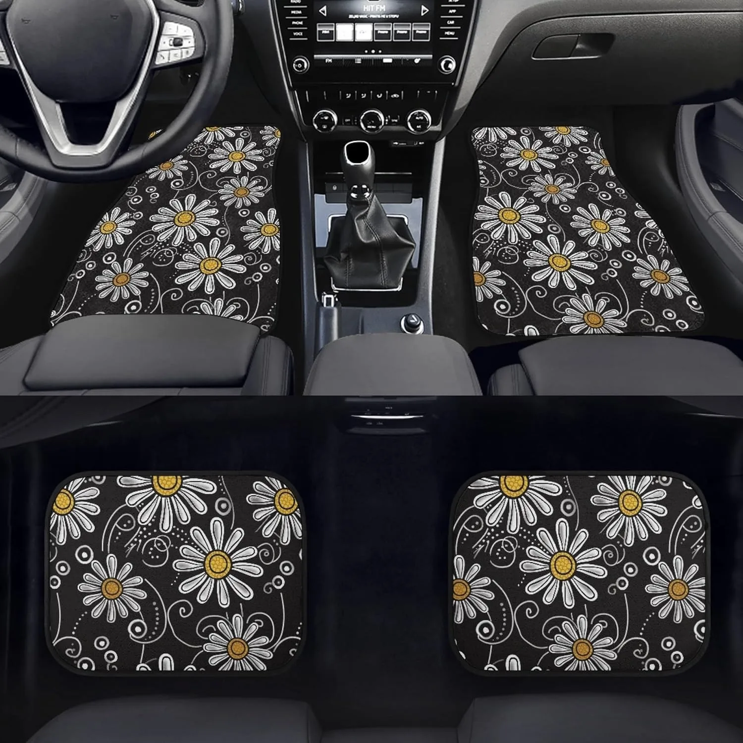 Daisy Print Heavy Duty Car Mats | Durable Universal Fit Front And Rear Rubber All Weather Car Mats Set Fit For Automotive SUV, S