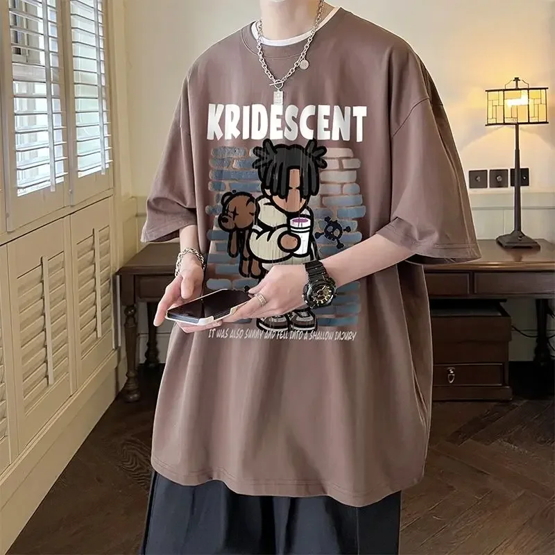 Cotton Short Sleeve T-shirt MenSummer American High Street Hip Hop Large Round Neck Trendy Brand INS Loose Versatile T-shirt