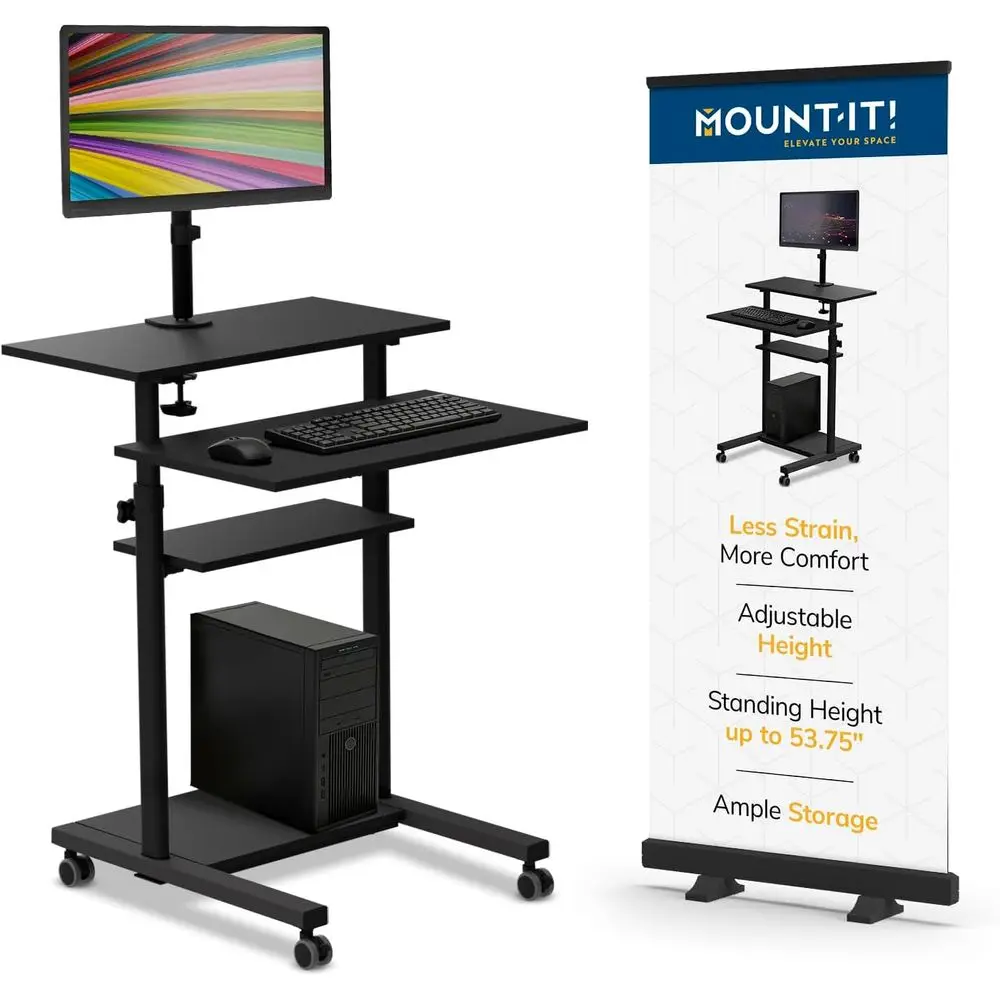 

Portable Rolling Computer Cart with 32 Monitor Mount, Adjustable Height, Laptop Stand for Classrooms and Offices - Black