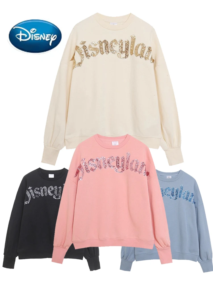 ديزني الترتر ديزني لاند إلكتروني طباعة التطريز البلوز المرأة س الرقبة بريق البلوفرات البلوز القمم الصوف للجنسين 2025 جديد