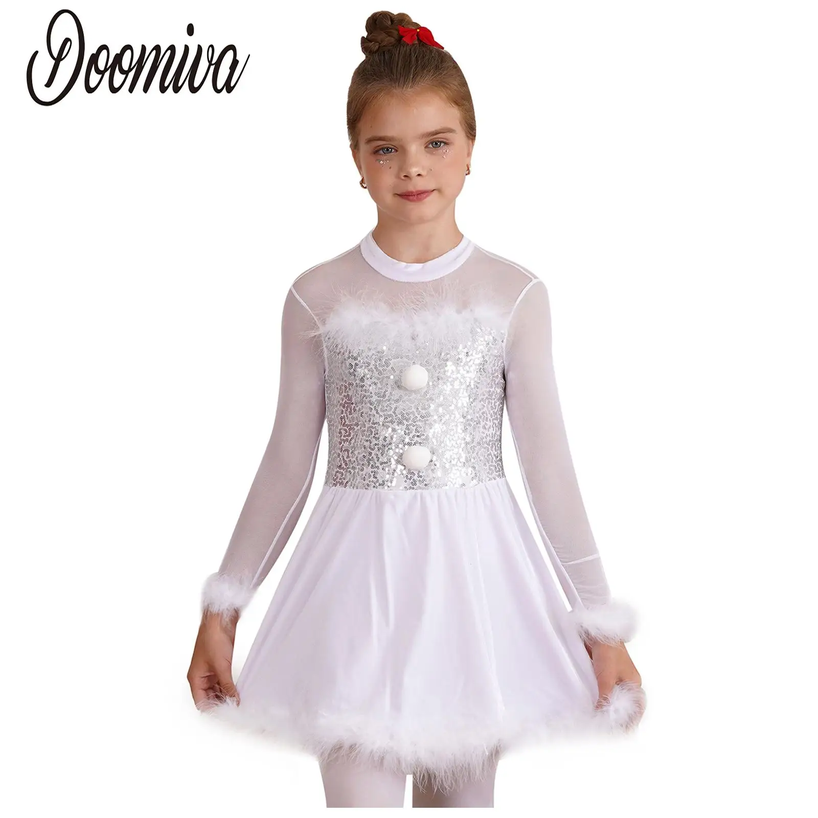 Girls Christmas Dance Santa Claus Costume Sequins Figure Skating Tutu Dress Leotard Ballet Xmas Party Performance Dancewear