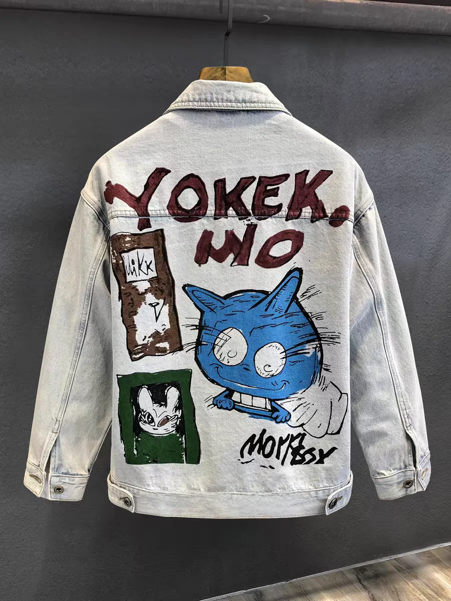 

Ретро-куртка из денима в американском уличном стиле с мультяшным принтом для мужчин, осенняя универсальная куртка с воротником, повседневная молодежная стильная модель