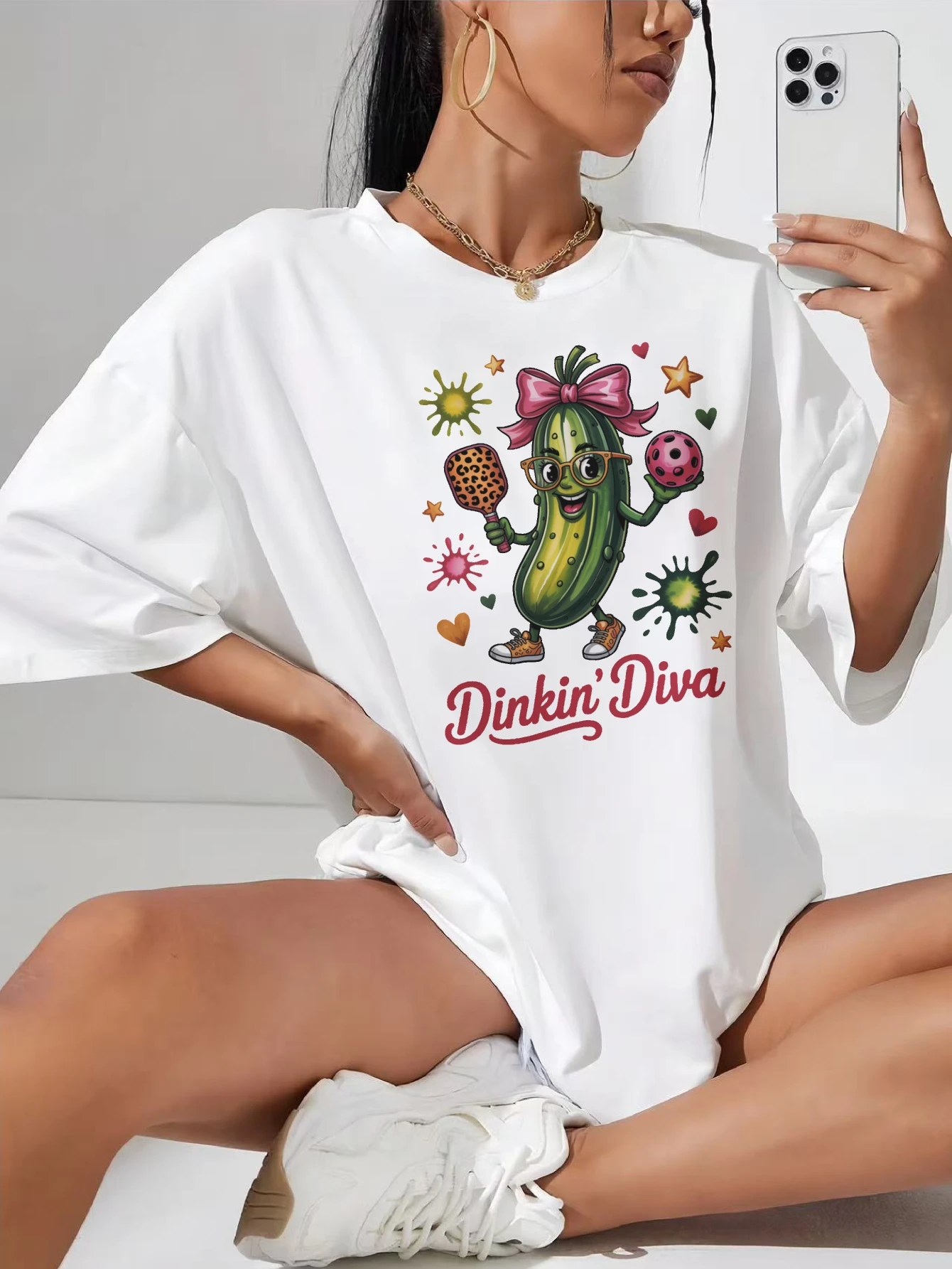 

Pickleball Diva Pink White casual pregnancy top round neck tee loose fit breathable bump friendly