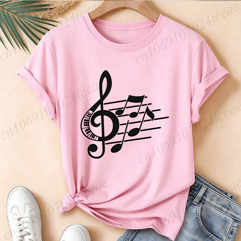 Women Music Note Graphic T Shirt Piano Key Musical Note Print Crew Neck T-Shirt Summer Casual Tee Shirts Vintage Daily Wear Top