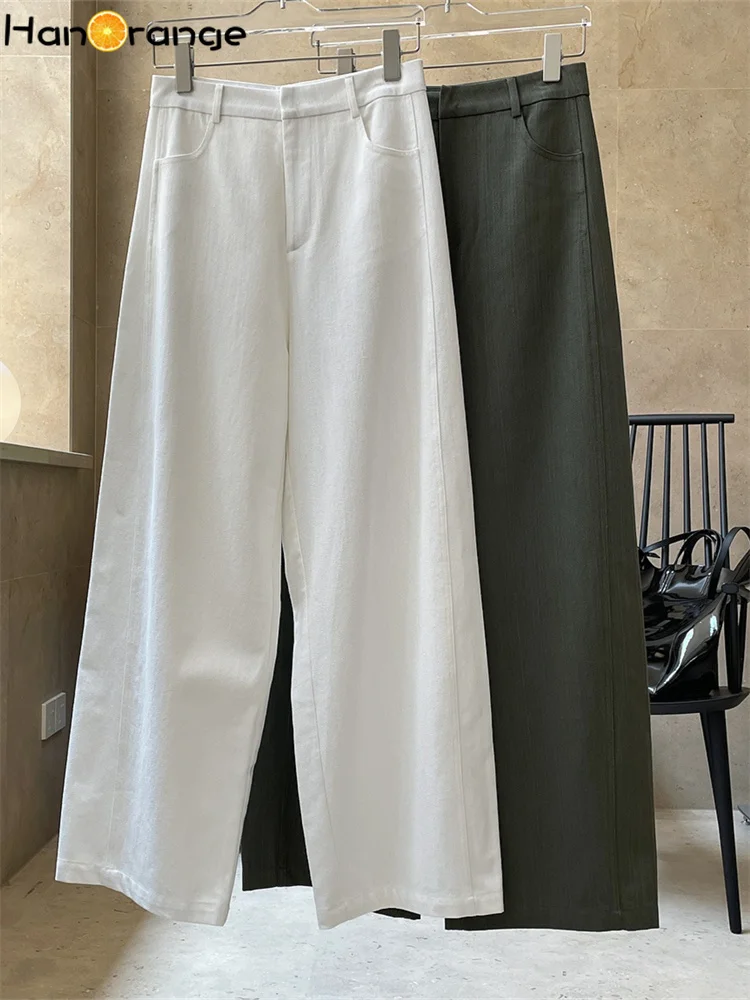 HanOrange 2024 Spring Simple Micro-arc Casual Pants Women High Waist Loose Wide Drapey Trousers Female White/Olive Green