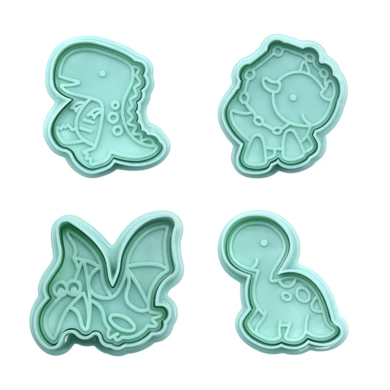 4Pcs Dinosaur Cookie Cutter Biscuit Embosser Stamp Mold Cartoon Animal Pattern Fondant Cookie Molds Baking Cake Decorating Tools