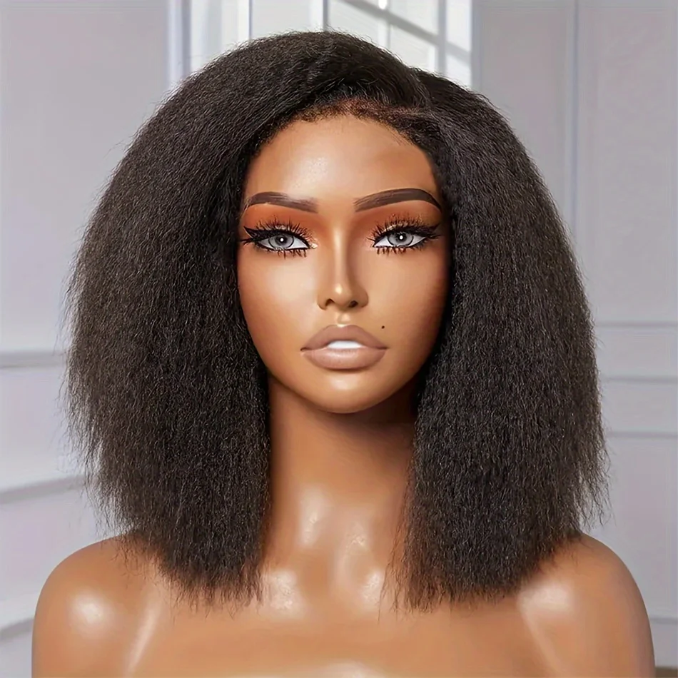 

Bob Wig Kinky Straight 13x4 Short Lace Front Human Hair Wig For Women Peruvian HD Frontal Wig Glueless 200% Density Closure Wig
