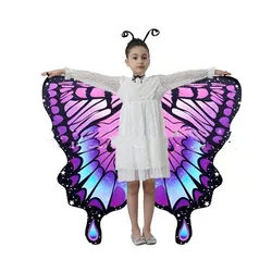 Double Side Print Butterfly Costume Girl Dress Up Scarf Shawl Dancing Props Soft Wing Princess Mask and Antenna Headband Easter