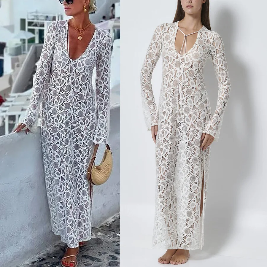 

Fashion Sexy Long Dresses Women White See Through Lace V-neck Long Sleeve Loose Slit Dress Spring Summer New Streetwear Vestidos