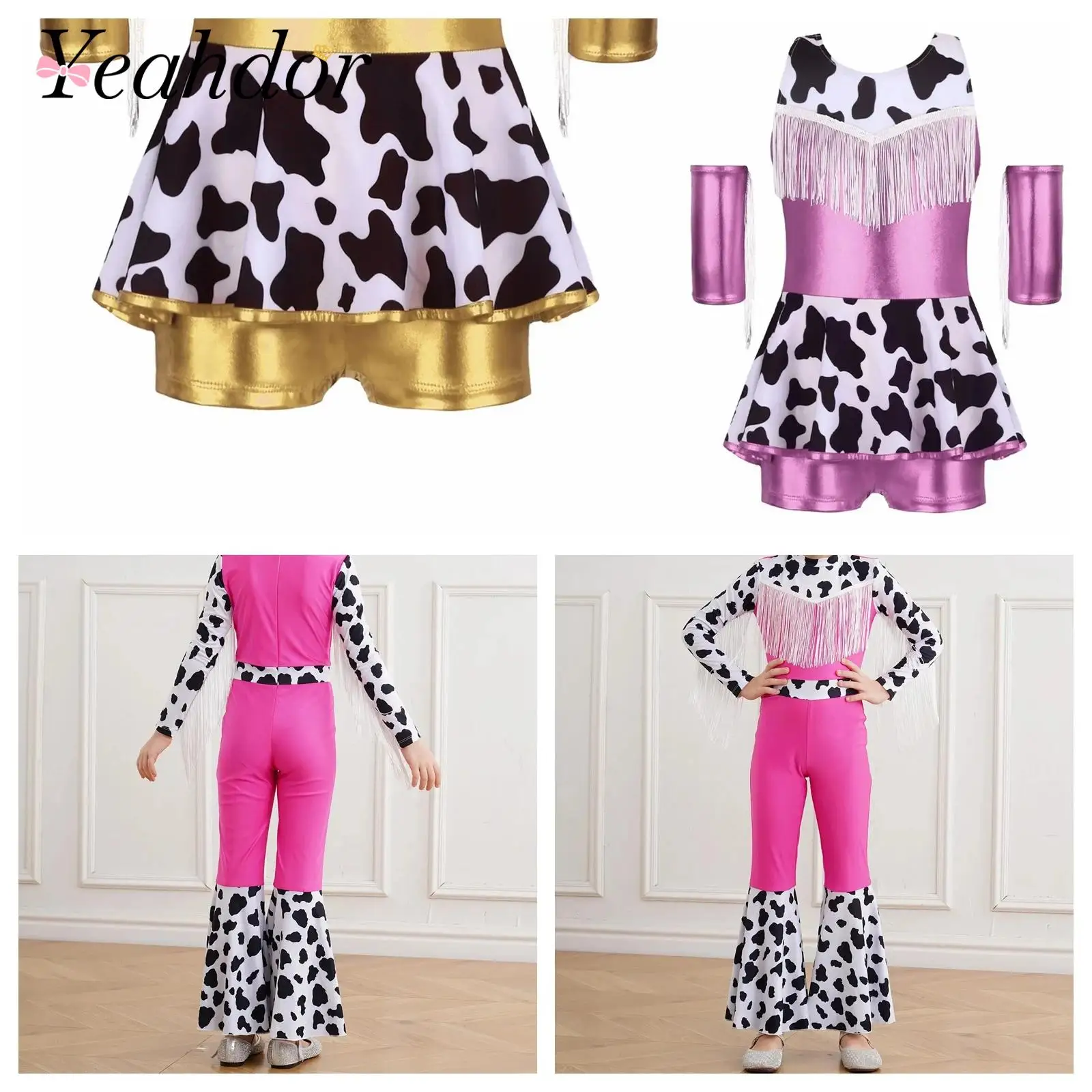 

Kids Girls Western Cowgirl Costume Metallic Dress Cow Outfits for Christmas Halloween Cosplay Themed Party Performance Outfits