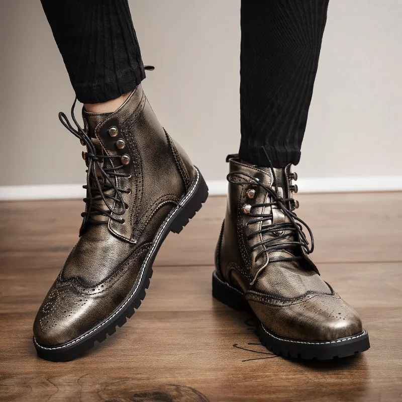 Silberne Chelsea-Stiefel im Vintage-Stil für Herren, große Größe 38–48, flache Herren-Lederstiefel mit Schnürung, Streetwear-Designer-Mann-Stiefeletten