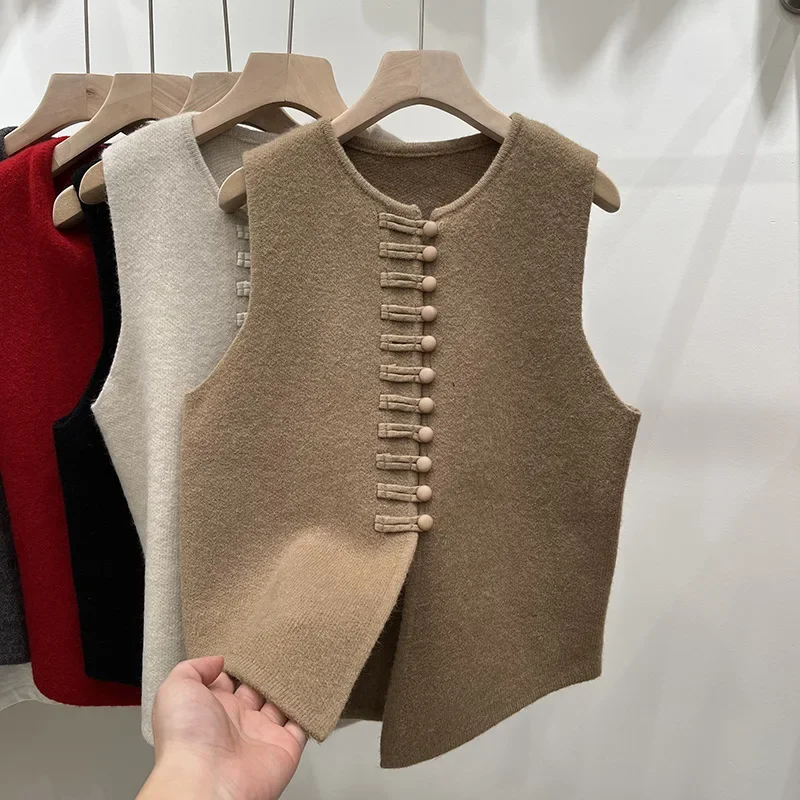 Fashion New Autumn Winter Round Neck Solid Color Button Cardigan Sleeveless Sweater Knitted Vest Women's Clothing Basic Tops