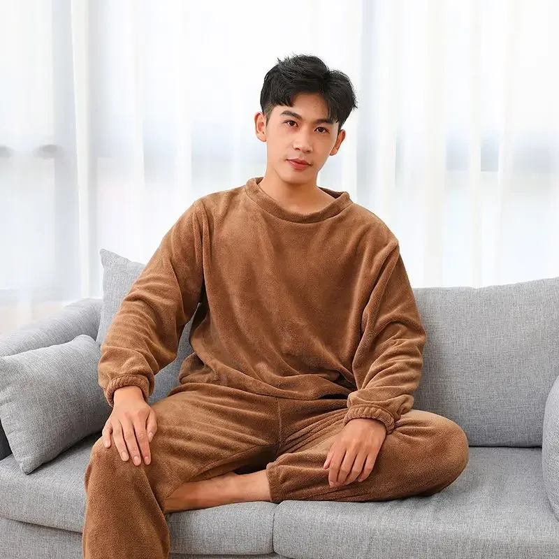 Winter Men\'s Suit Couples Coral Fleece Pajamas Fall and Winter Home Wear Long-sleeved Warm Clothes Padded Thickened Pants