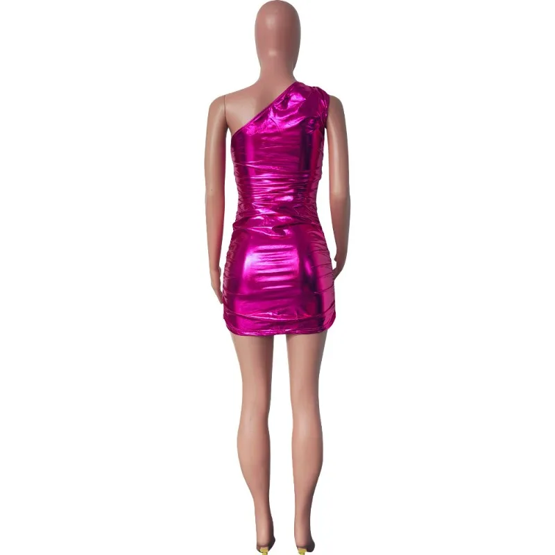 Women Sexy Y2K Metallic Gilding Ruched Bodycon Mini Dress One Shoulder Sleeveless Slim Birthday Party Clubwear Summer Vestidos