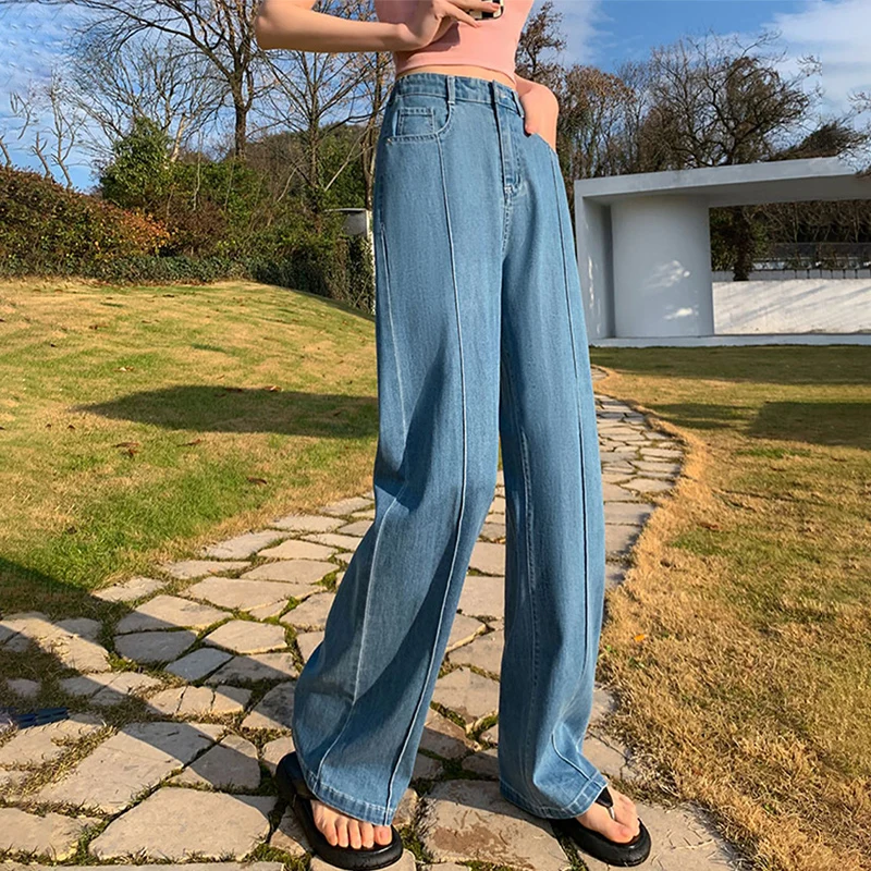 Jean coréen taille haute à jambes larges pour femme, pantalon droit ample et confortable, Style de rue rétro, en Denim délavé, automne