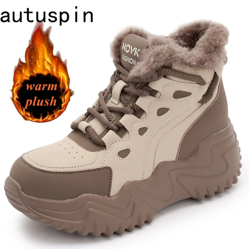 

AUTUSPIN Winter Warm Plush Women Shoes Outfoor Fashion Tide Genuine Leather Sports Vulcanizezd Sneakers High Top Platform Shoes