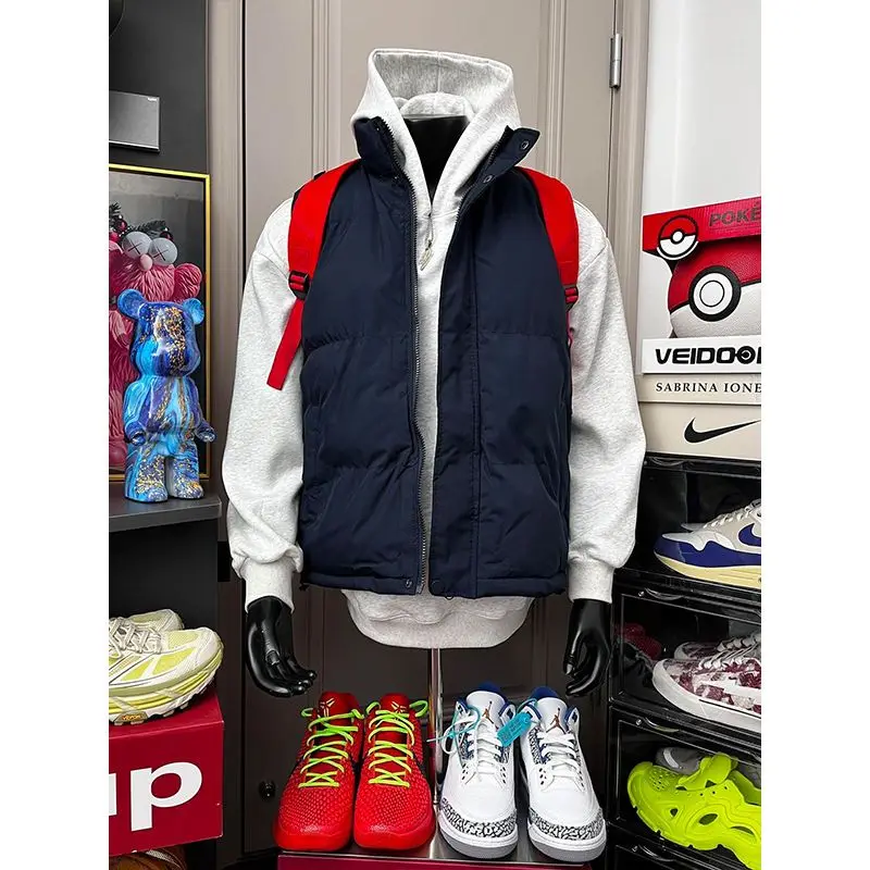 

Blue down Jaet Vest Men's Outerwear Svel Stand Collar Cotton oulder Pad Jaet Youth Trendy Workwear Polyester Fiber